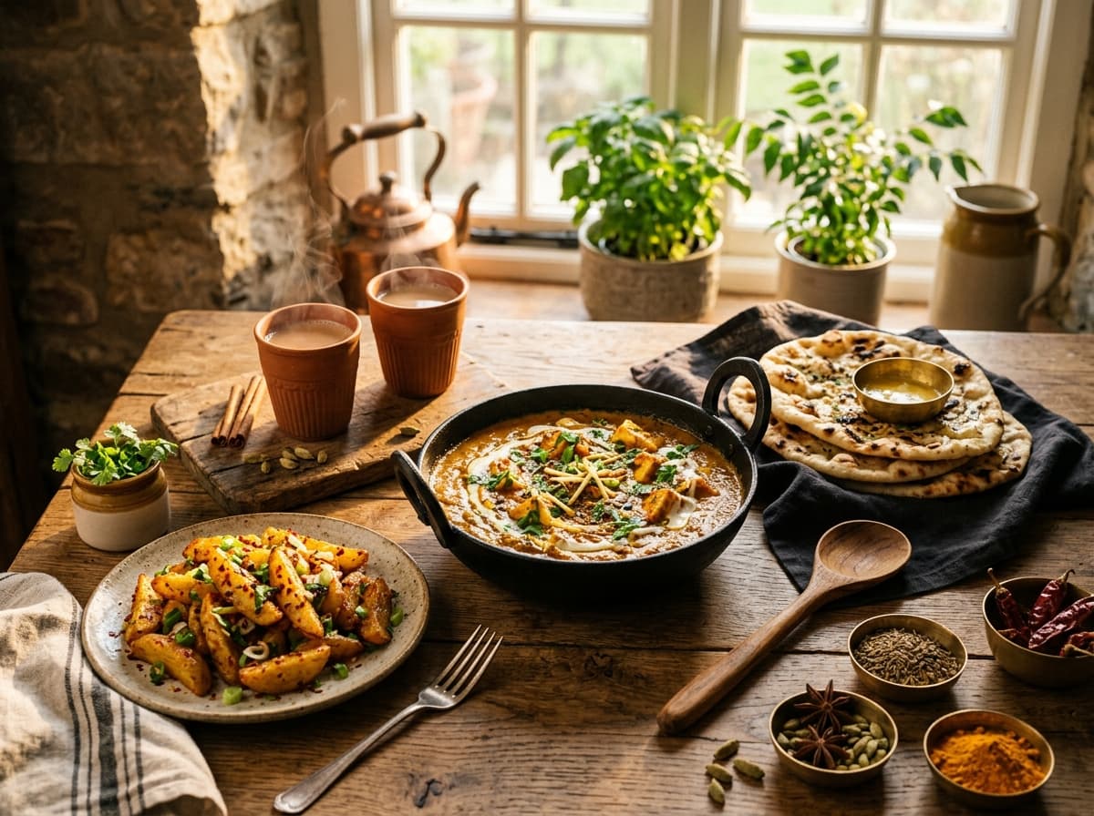 Khul Ke Khao table spread: rich home-style dal, flaky butter naan, and crispy spiced potatoes